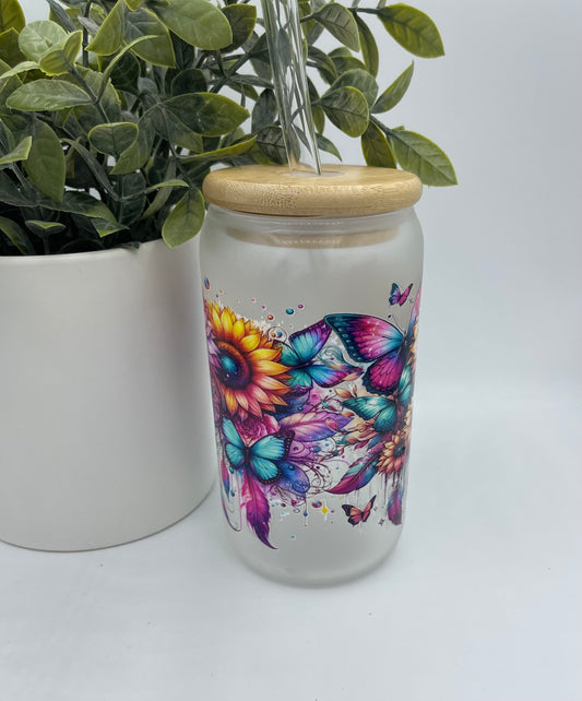 Rainbow flower and butterfly glass cup